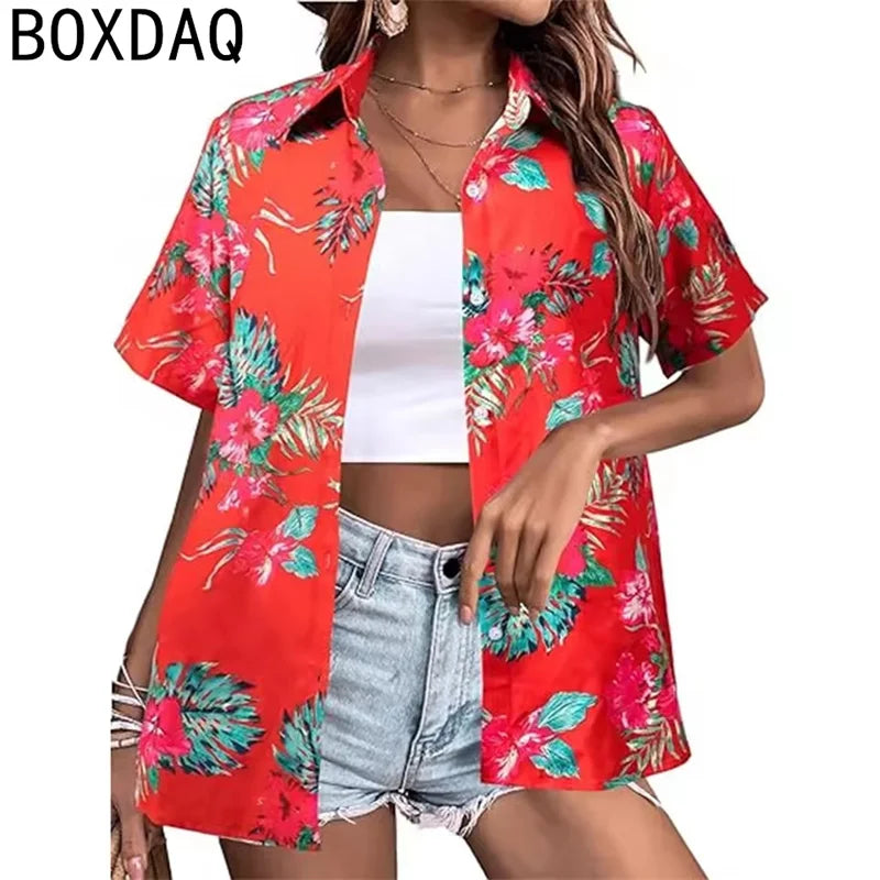 Tropical Coconut Tree Print Women's Hawaii Style Shirt Summer Lapel Short Sleeve Single Breasted Casual Personalized Shirt Tops