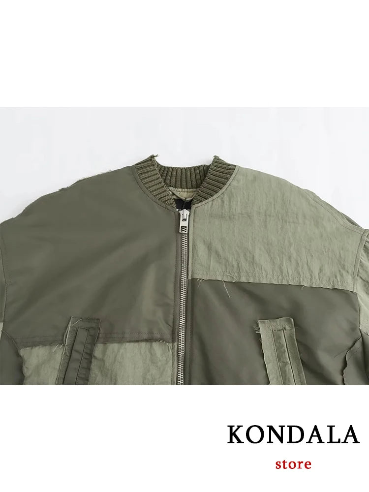 KONDALA Streetwear Armygreen Bomber Jackets Women Patchwork Zipper Pockets Oversized Jackets Fashion 2025 Winter Spring Coats
