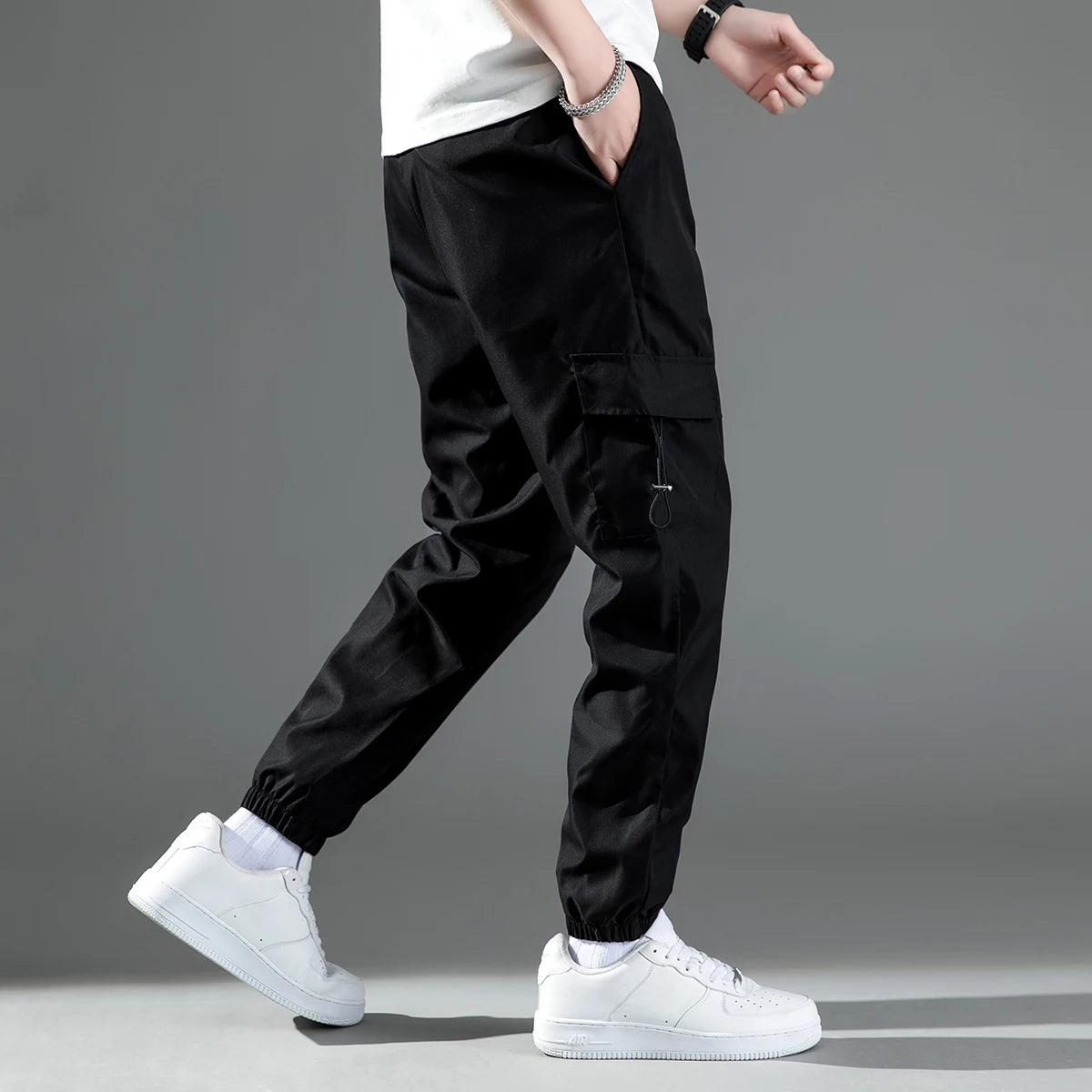 Mid Waist Stylish Drawstring Design Men Trouser Polyester Overalls Thermal for Dating Cargo Pants Pocket