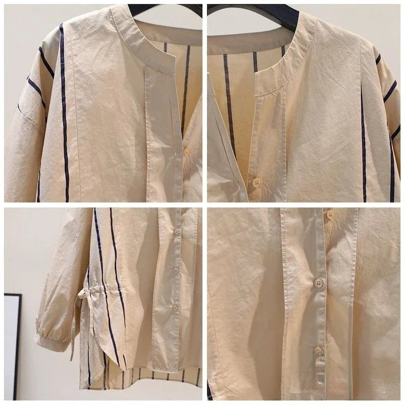 95% Cotton Shirts Women Fashion Stripe Design Khaki Blouses Drawstring Waist Loose Long Sleeve Shirt Spring Summer Literary Tops