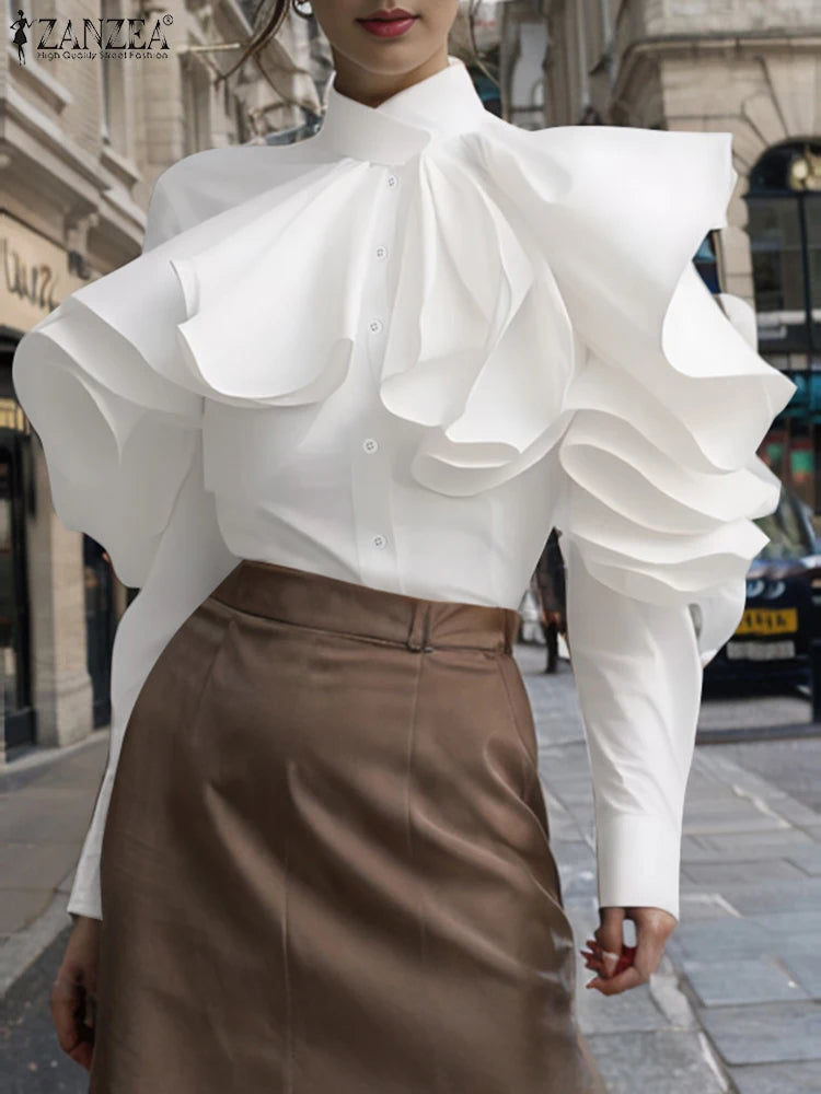 ZANZEA Elegant Office Blouse Women 2025 Fashion Ruffled Stitching Solid Shirts 3D Long Sleeve Tops Casual Loose Buttons Tunics
