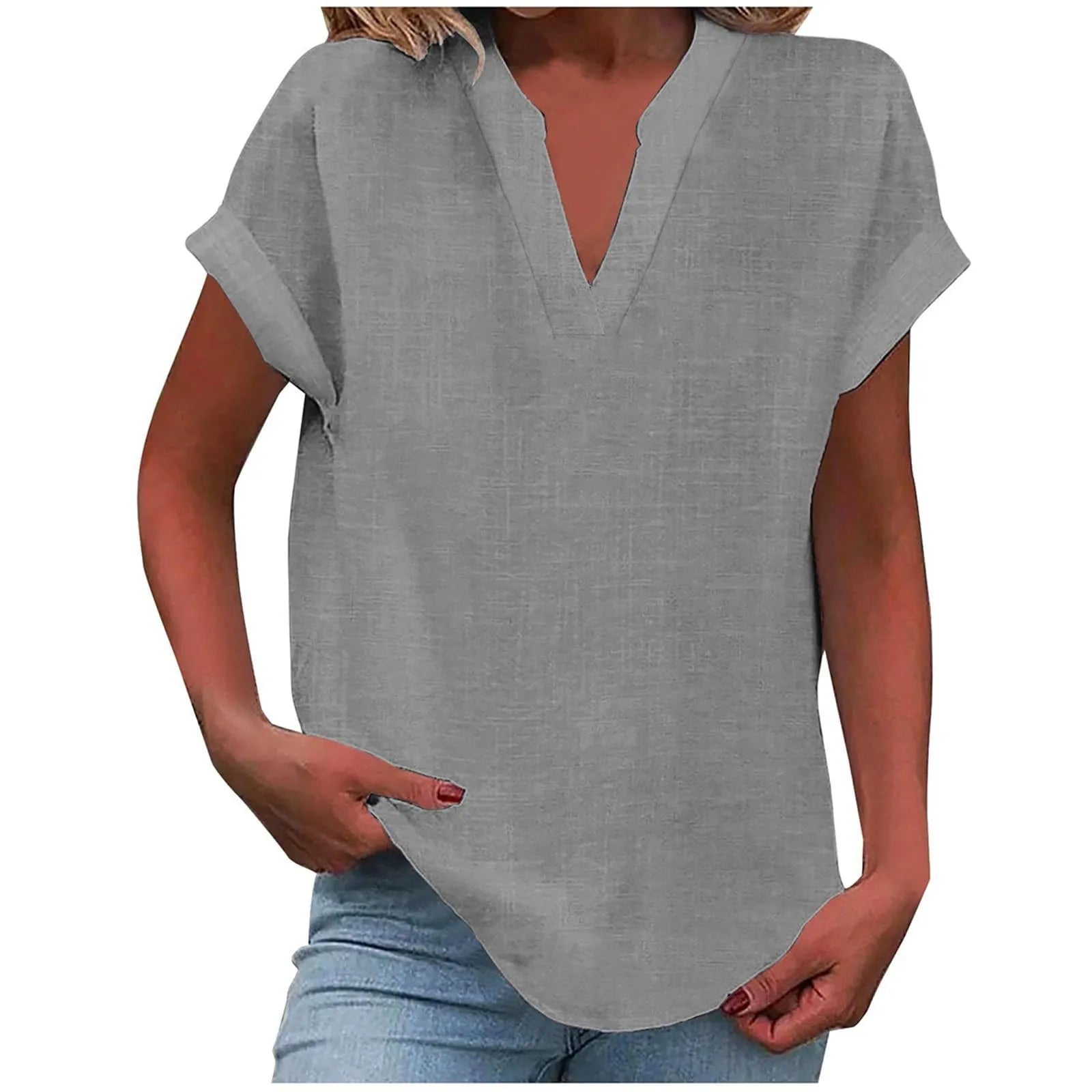 Summer Cotton Linen Breathable Solid Color Button Down V-neck Shirt Basic And Versatile Casual Comfortable Lady Office Tops 2025