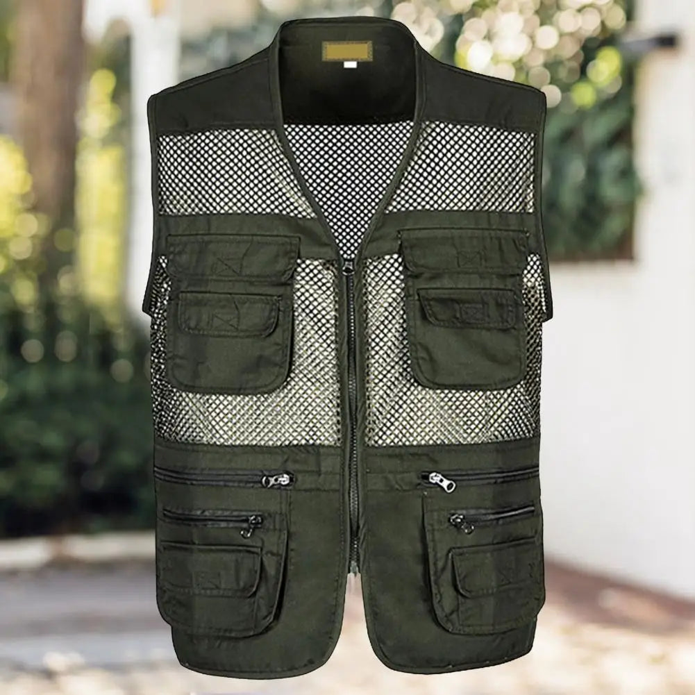 Men Sports Vest Lightweight Mesh Outdoor Sports Vest for Summer Camping Fishing Zipper Closure Waistcoat for Work Wear