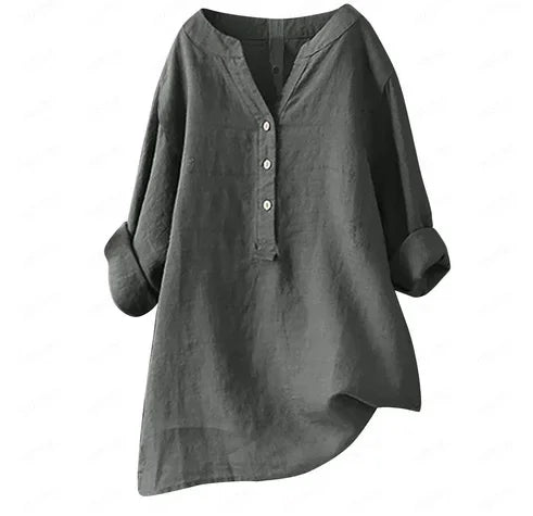 2025 Vintage Cotton Linen Shirts for Women Spring Summer Casual Loose Long Sleeve Shirt Ladies Oversize V-neck Blouse Tunic Tops
