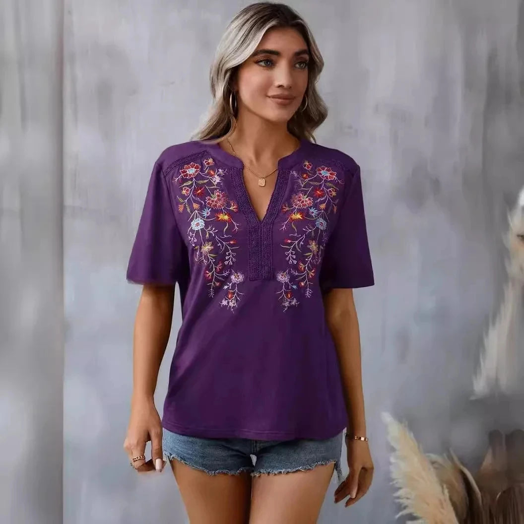 Casual Loose Floral Blouses For Women Fashion 2025 Summer Vintage Women's Short Sleeve Shirts Lace Patchwork Blouse Embroid Tops
