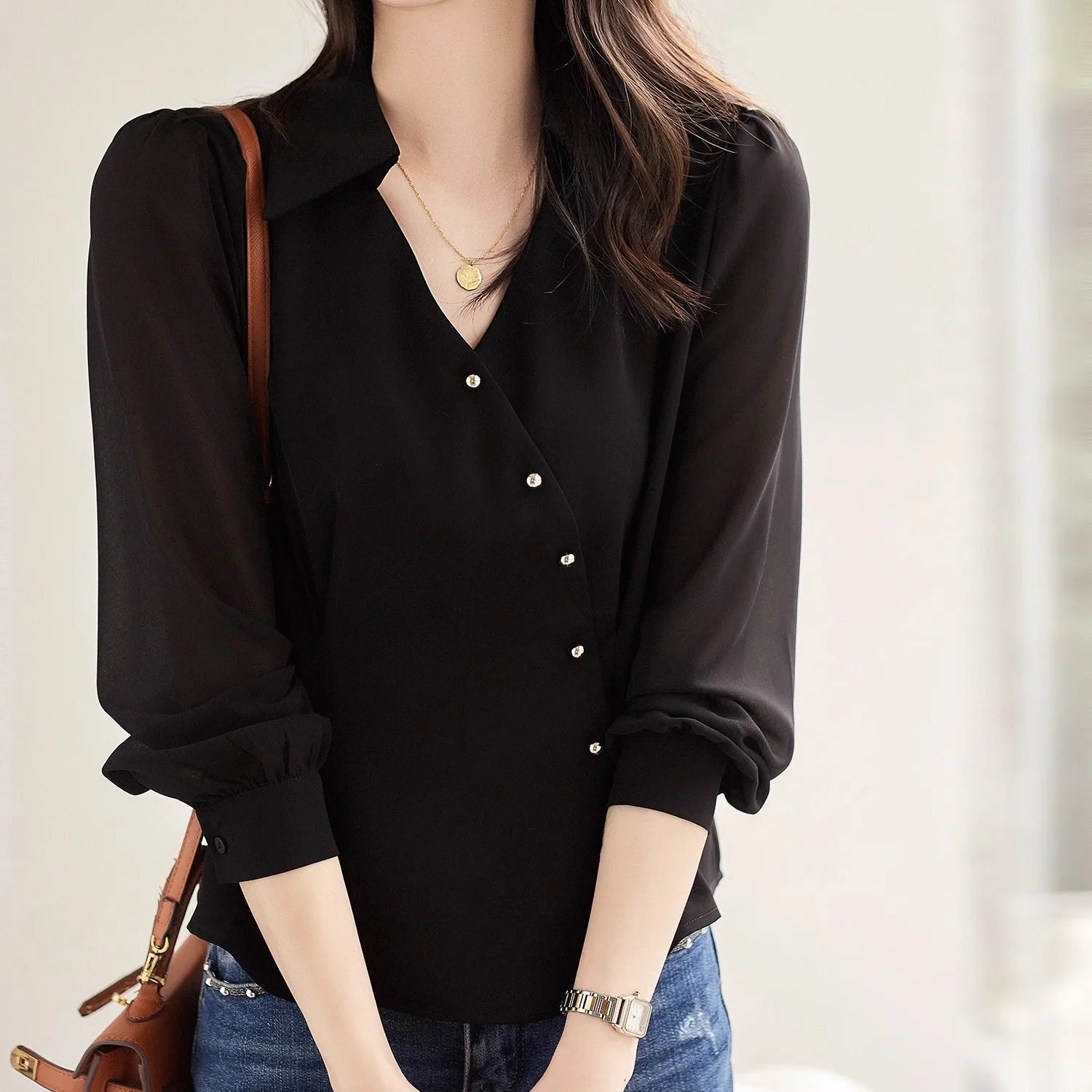2023 Spring and Autumn Women's Solid Half Open Collar Long Sleeve Single Treated Shirt Office Lady Korean Fashion Casual Tops