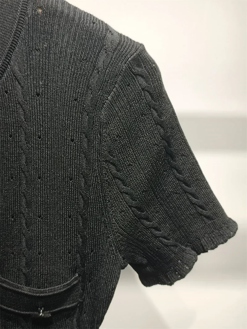 Women O-Neck White Knit Thread Mid-Length Dress Summer 2024 New Elegant Lady Ruffled Sleeve Single Breasted Slim Long Robe