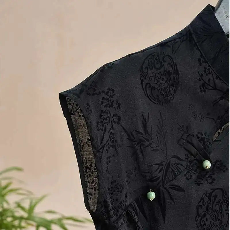Women  Vintage Thin Shirt New Chinese Style Cheongsam Top Black Jacquard Sleeveless T-shirt Summer Mature Fashion Bow Shirt