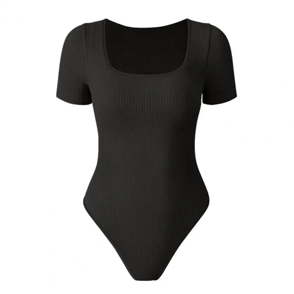 Women Solid Color Playsuit High Elasticity Tummy Control Bodysuit for Women Square Neck Playsuit with Tight Waist Short Sleeves