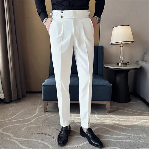 Pure Color Male Business Wedding Dress Pants Fashion Unique Design Men Waist Adjustable Suit Pant No Belt Slim Trousers Homme