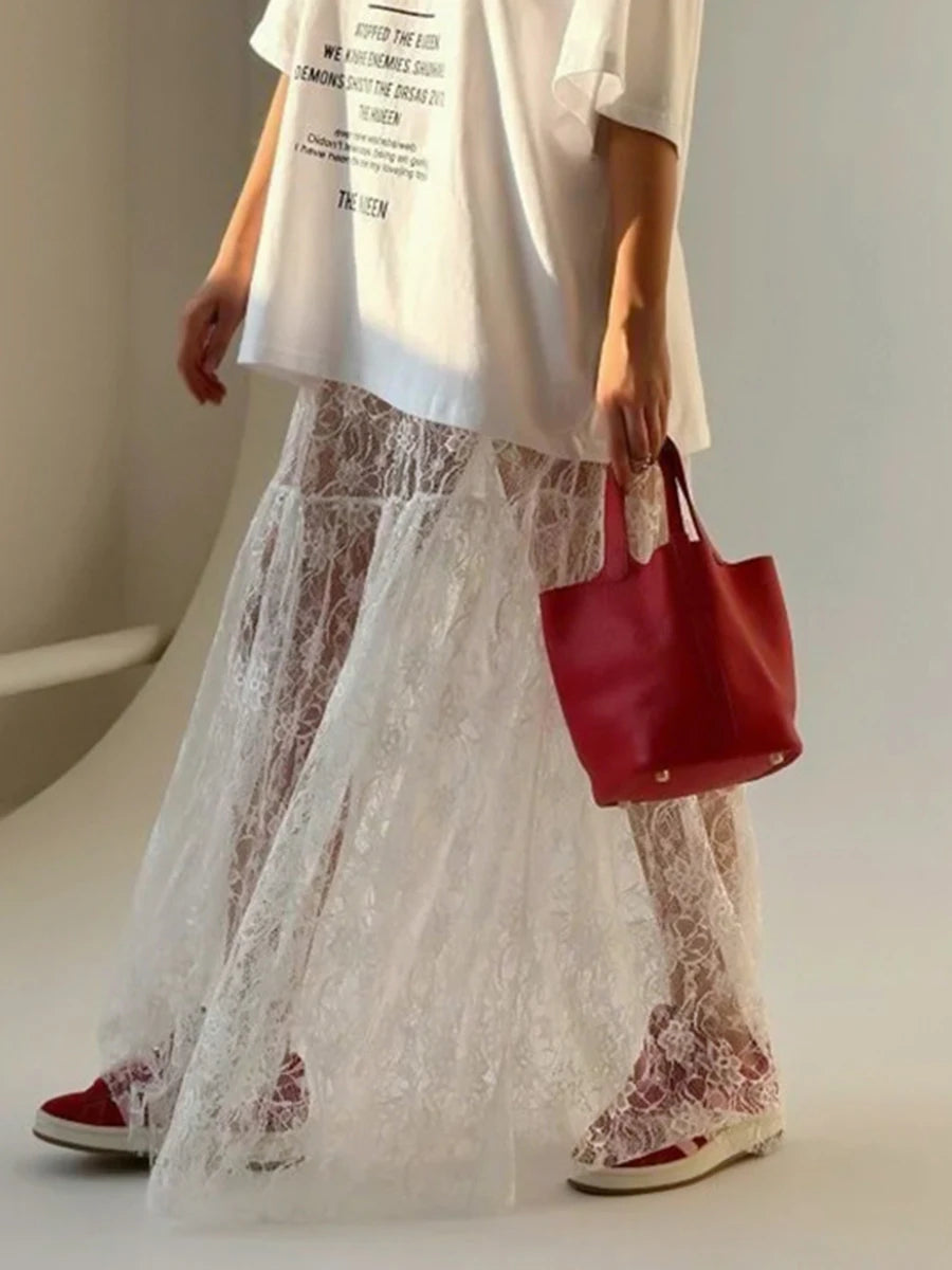 Lace Jacquard Transperant Skirt Women Summer New High Waist Sexy Casual Long Skirts 2025 Streetwear Fashion White Maxi Skirt