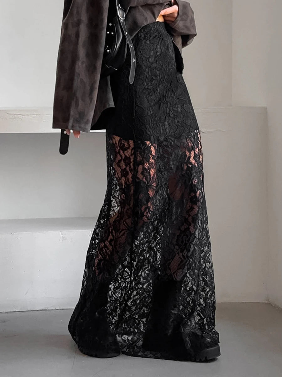Lace Jacquard Transperant Skirt Women Summer New High Waist Sexy Casual Long Skirts 2025 Streetwear Fashion White Maxi Skirt