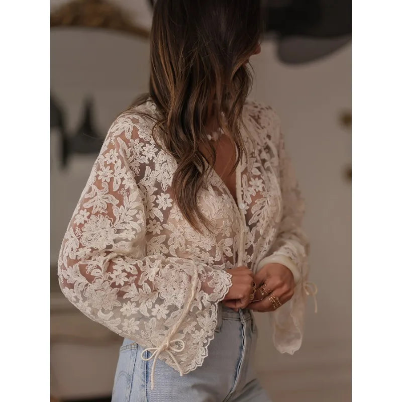 Elegant Lace Sheer Long Petal Sleeve Tops Blouse Women V-Neck Spring Summer Floral Hollow Fairycore Single Breasted Tops Outfit
