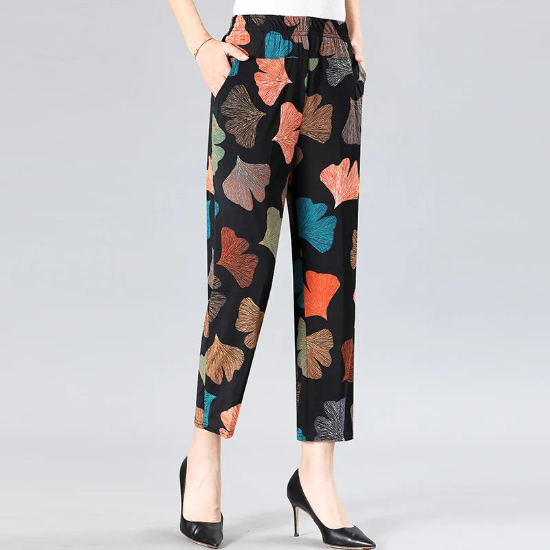 Summer Women's Printed Pants 2023 New Elastic High Waist Thin Ice Silk Pants Loose Large Size Women's Casual Ninth Pants 7XL 8XL