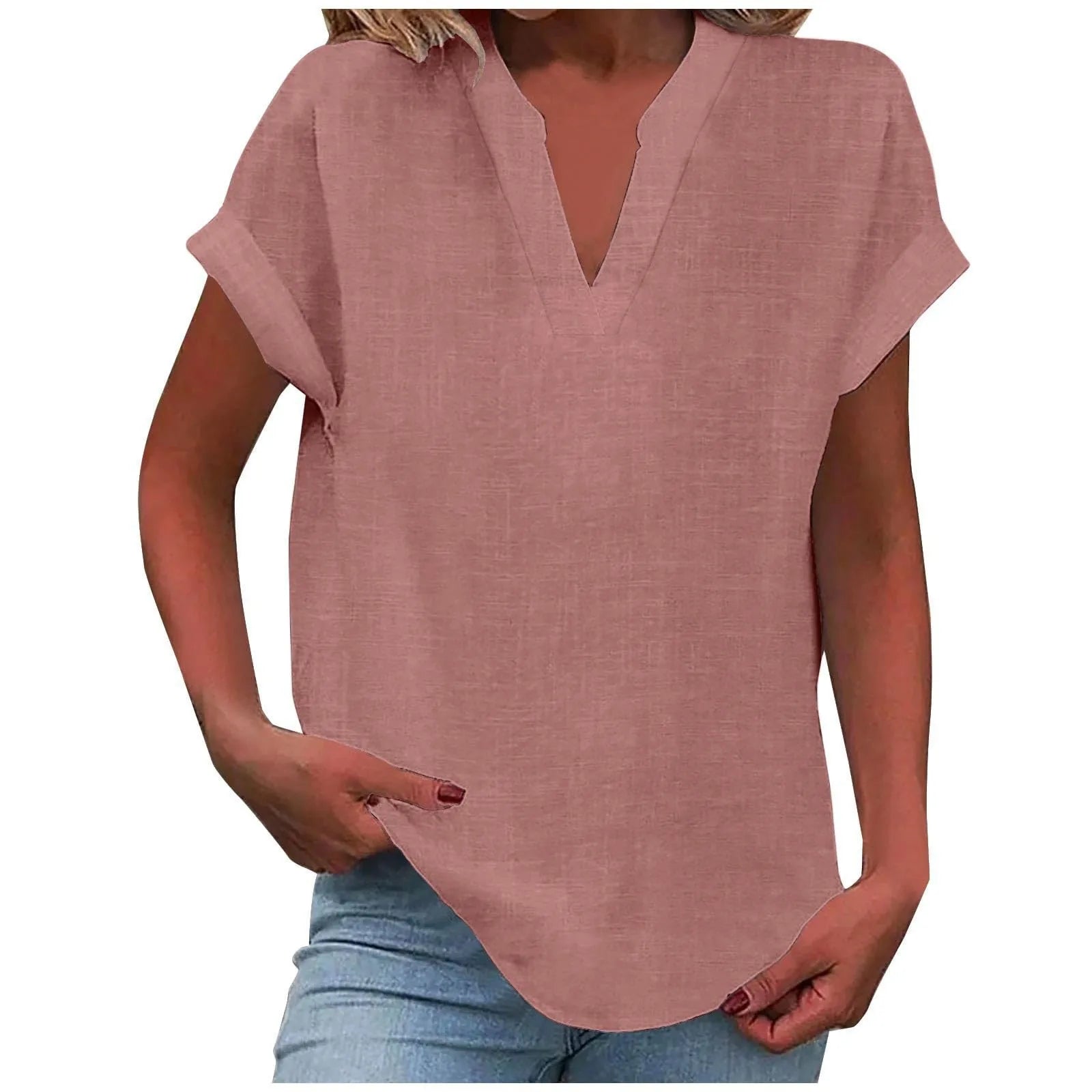 Summer Cotton Linen Breathable Solid Color Button Down V-neck Shirt Basic And Versatile Casual Comfortable Lady Office Tops 2025