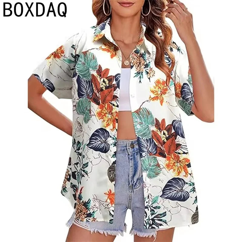 Tropical Coconut Tree Print Women's Hawaii Style Shirt Summer Lapel Short Sleeve Single Breasted Casual Personalized Shirt Tops