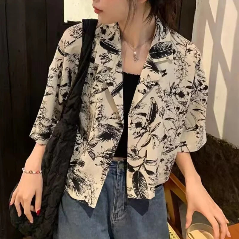 Print Shirts Women Vintage Short-sleeve Unisex Cropped Loose Casual French Style Aesthetic Summer Holiday Ins All-match Students