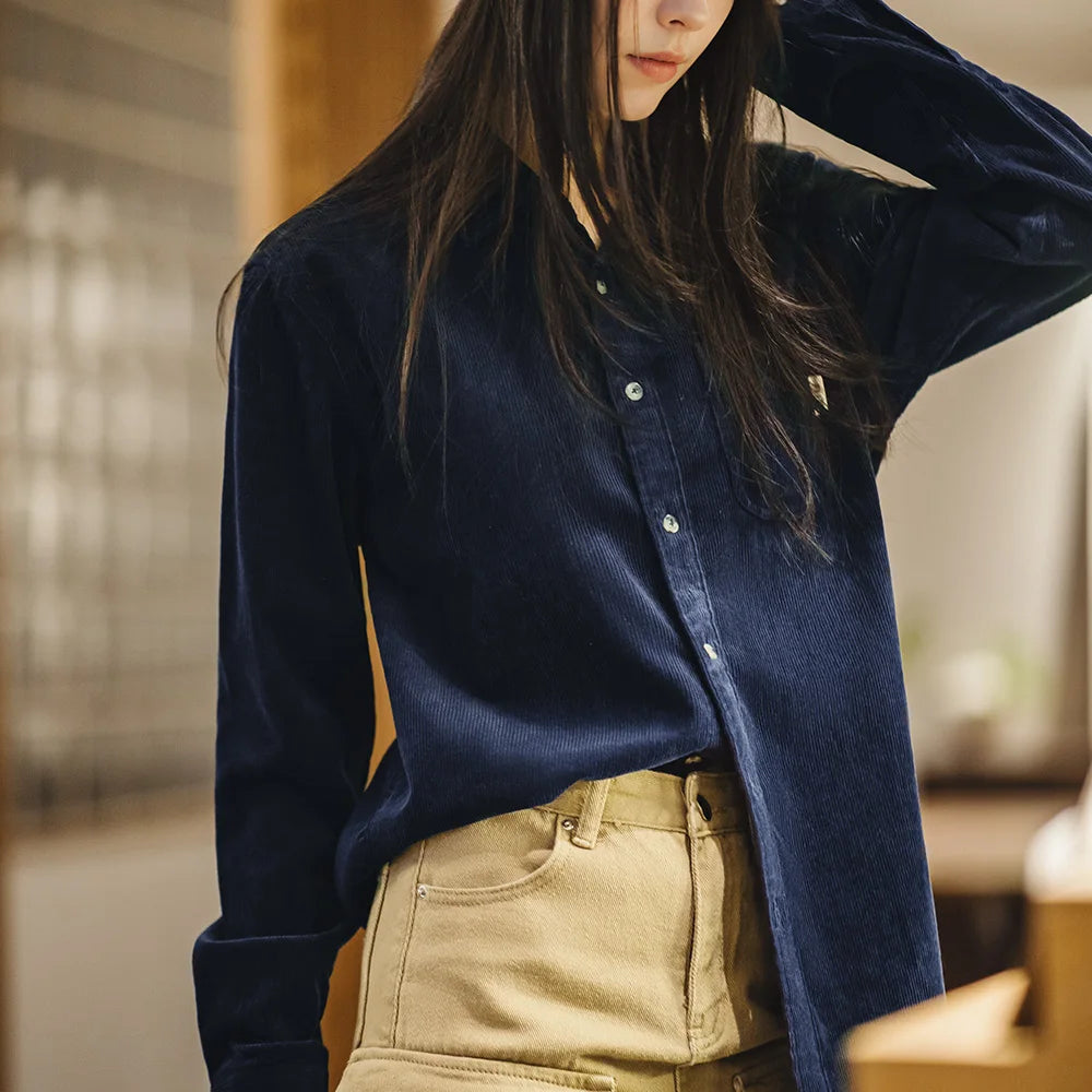 Maden Women's Vintage Corduroy Shirt Classical Turn-down Collar Long Sleeve Shirts Cotton Solid Color Loose Blouses Women Tops
