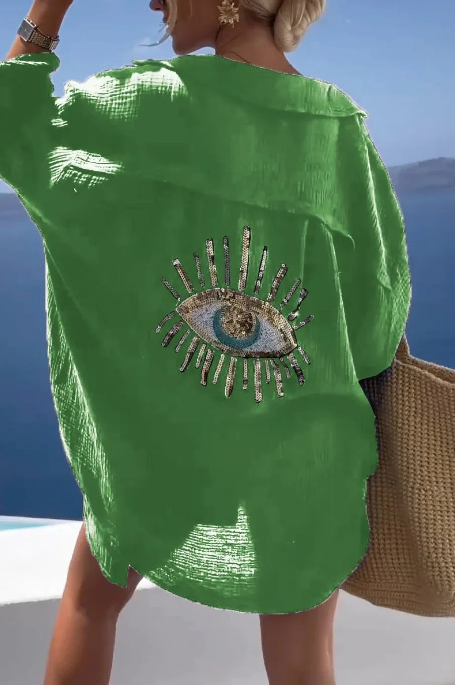2025 Long Sleeve Loose Shirts Evil Eye Casual Sequin Beaded Shirt Spring Geometric Eye Top Turn-down Collar Button Long Blouse