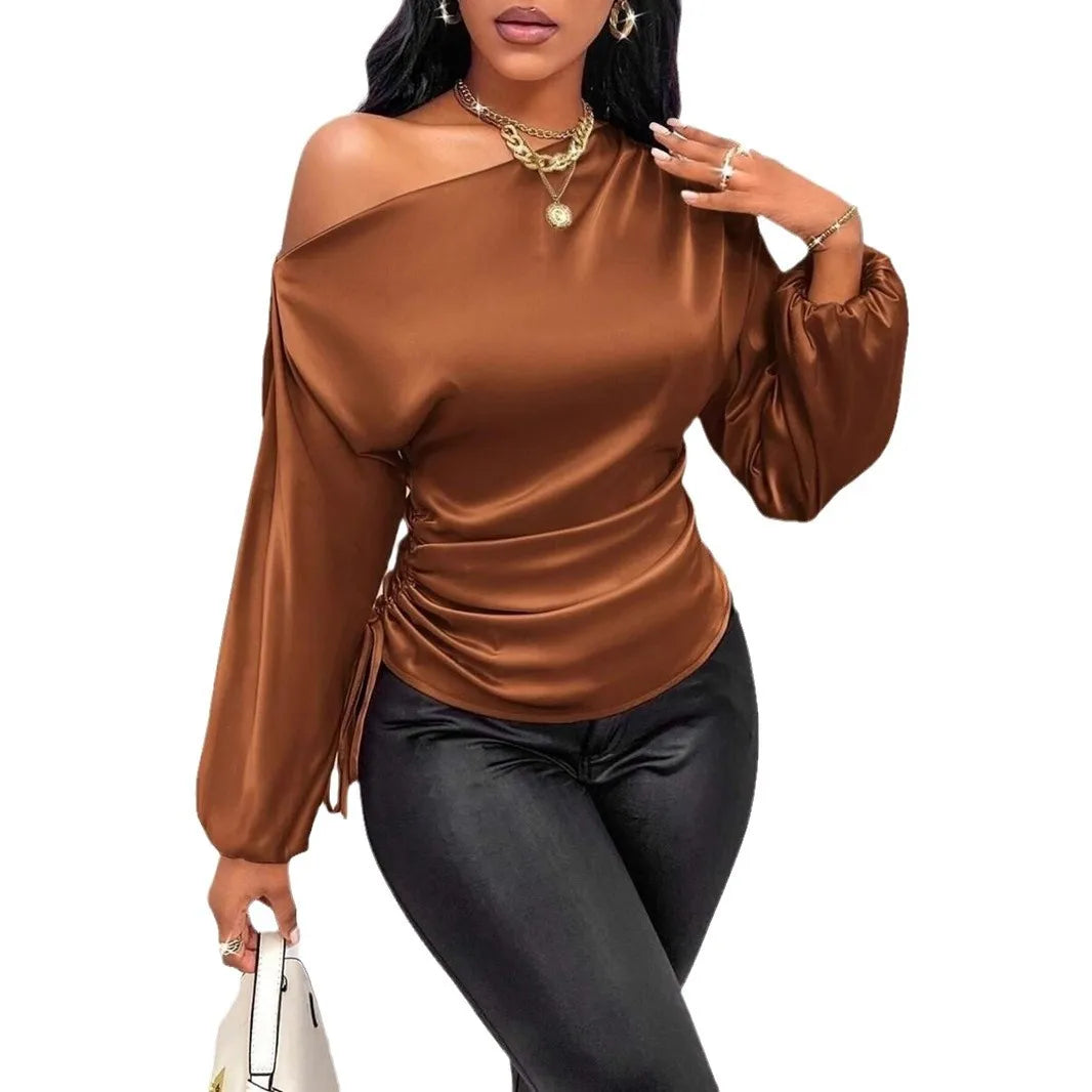 Autumn Winter Temperament Slant Shoulder Long Sleeve Sexy Open Shoulder Loose Slant Collar Design Blouse