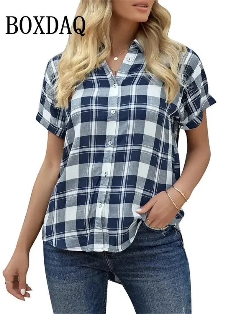 Spring Summer Casual Women's Short Sleeve Blouses Fashion Lapel Button Loose Shirts Classic Plaid Print Women Short Sleeve Tops