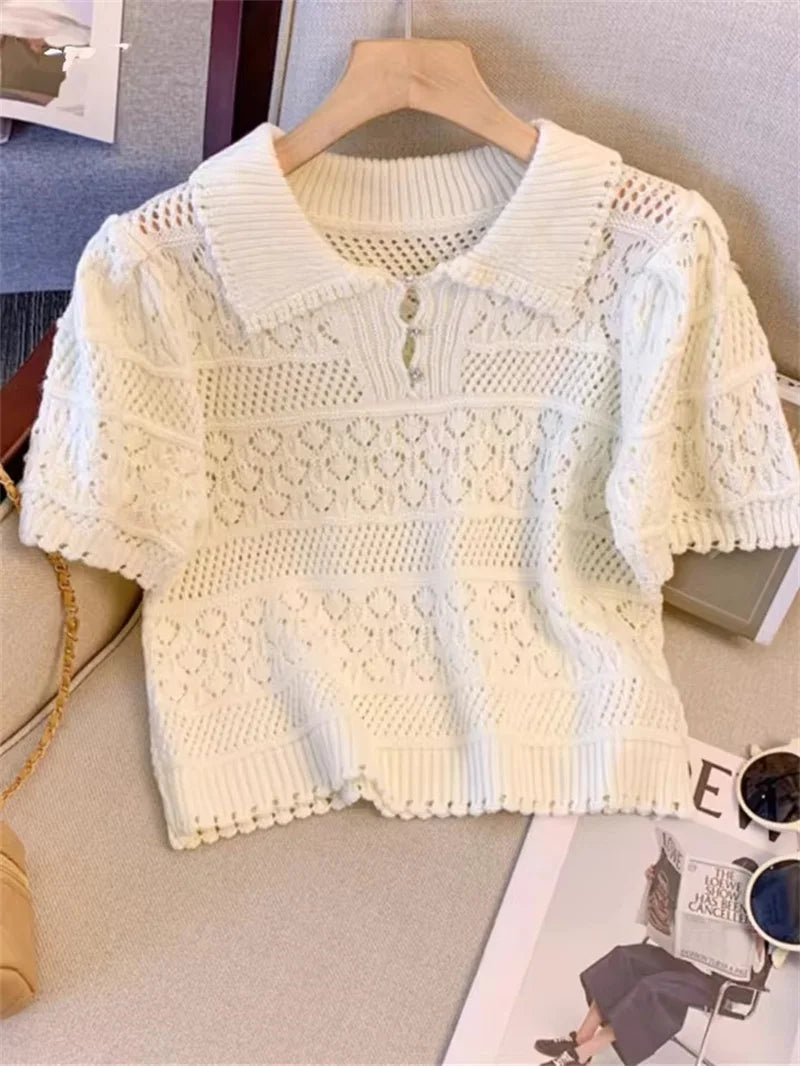 Sweet Sle Short Sleeve Knitted Shirt 2025 New Summer Hollow Out Crochet Design Thin Pullover Top Women's Blouse