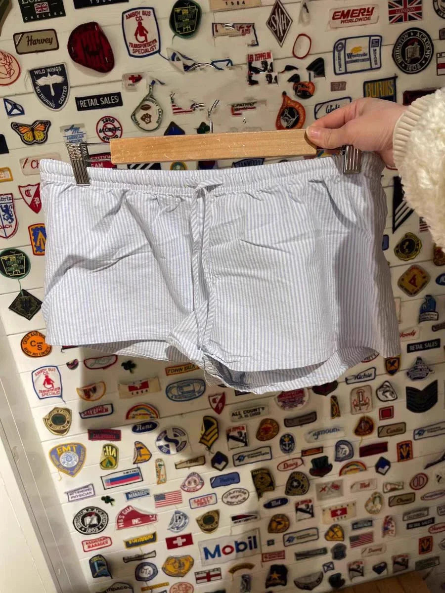 Blue Striped Blouse Shorts Set Woman Lapel Pocket Loose Shirt Drawstring Buttons Straight Short Pants Casual 2 Pieces Set Outfit