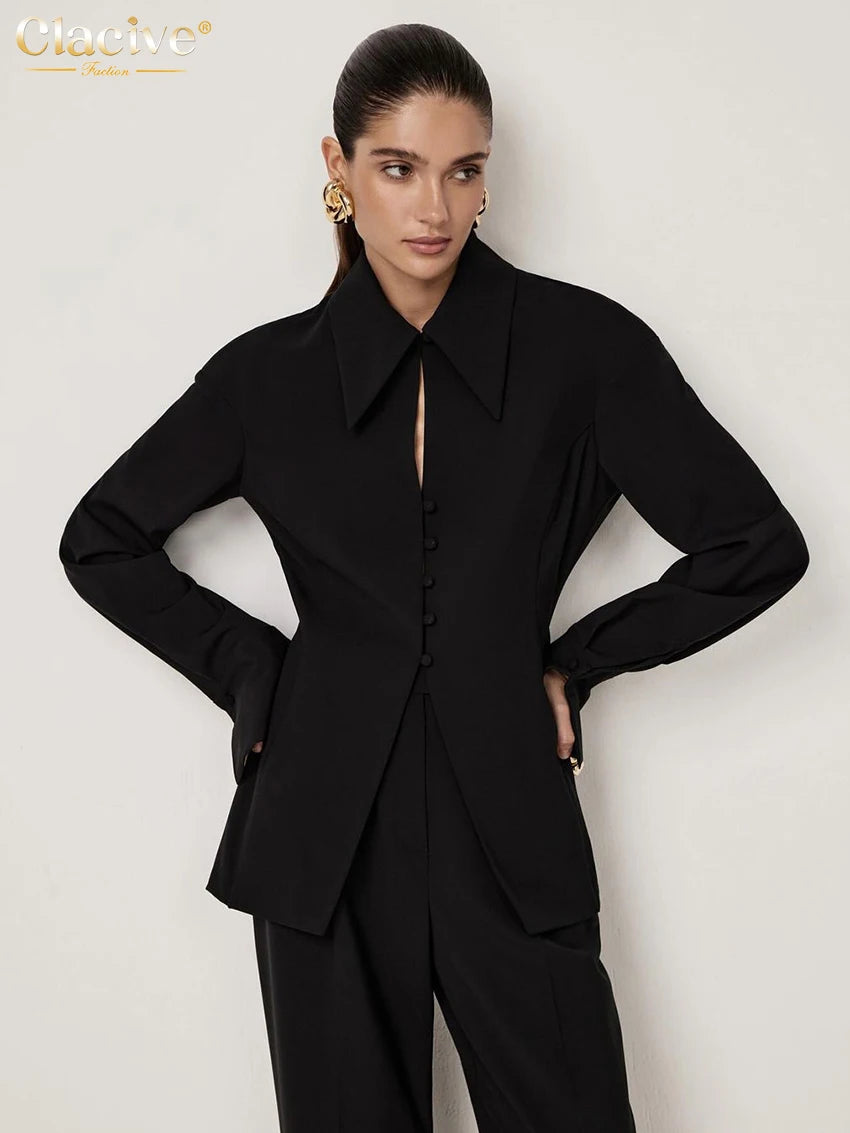 Clacive Bodycon Black Office 2 Piece Sets Women Outfit 2025 Fashion Long Sleeve Shirt With High Waist Pants Wide Set Female