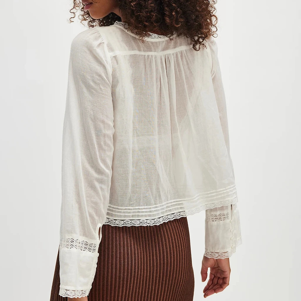 Combhasaki Women's Y2K Fairy Long Sleeve Square Neck Shirts Lace Patchwork See-through Tie-up Front Button-down Blouse Crop Tops