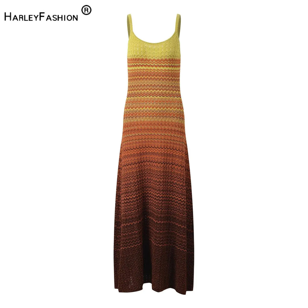 2024 Summer Gradient Color Women Knitted Sleeveless Sexy Holiday Casual Ladies Fashion Long Slip Dresses