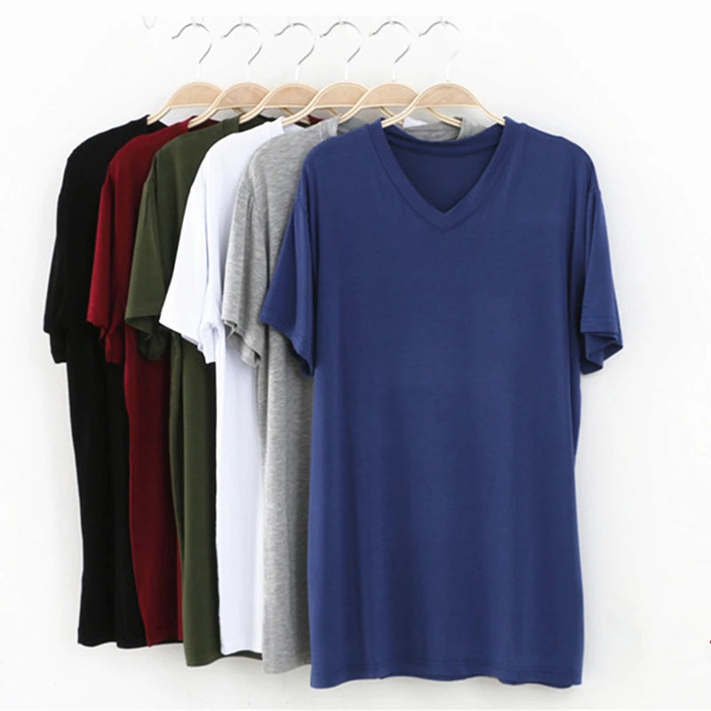2025 Brand New Men's Modal T-Shirt V-Neck Large Size Men T-Shirt Short Sleeve Loose Man T shirt Solid Color For Male Tops Tees