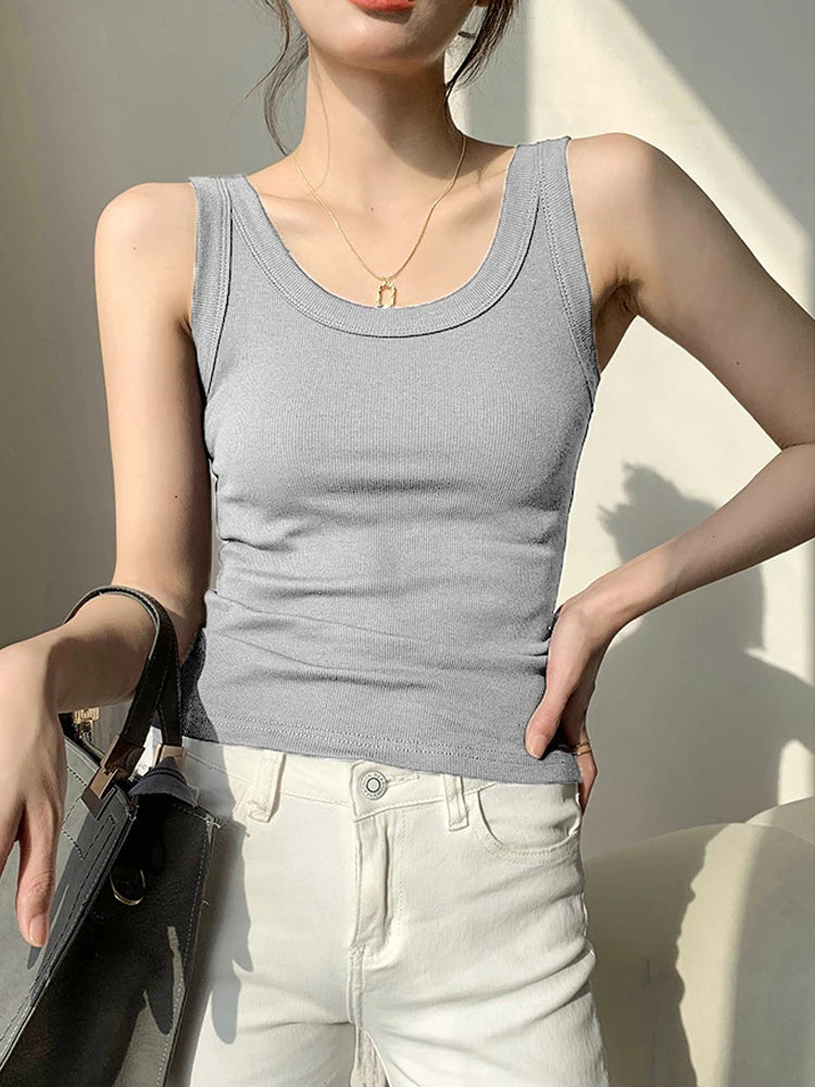 Knit Black Daily Wear Woman Vest Tank Tops Tight Ribbed Female Thick Straps Simple Casual Basic Fashion Summer Clothes 2022