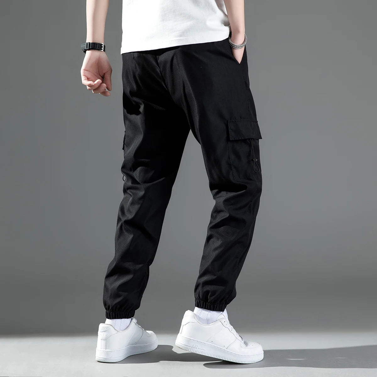 Mid Waist Stylish Drawstring Design Men Trouser Polyester Overalls Thermal for Dating Cargo Pants Pocket