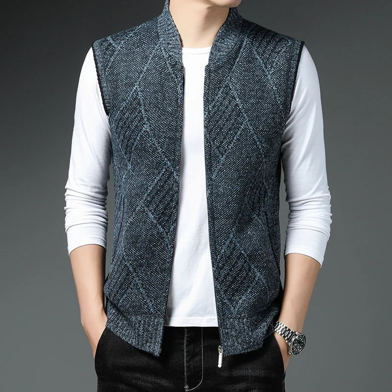 New Autumn Winter Sweater Vest Men Thick Sleeveless Cardigan Mens Knitted Waistcoat Fashion Stand Collar Knit Cardigan Vests Men