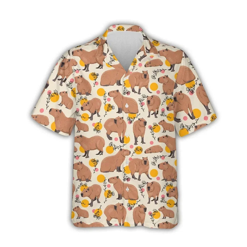 Kawaii Capybara Pattern Shirt Men's 3D Printed Hawaii Aloha Beach Men's Shirt Short Sleeve Cool Top Lapel Shirt