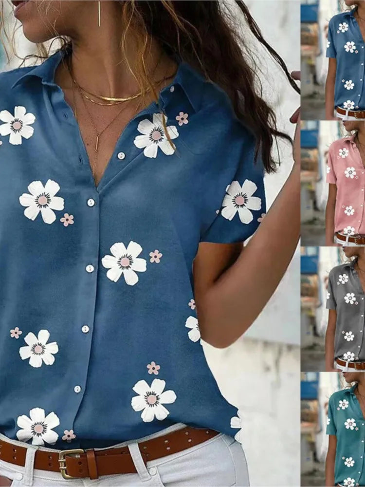 Women's Spring Summer New Style Slimming Fashion Flower Printed Short Sleeve Collar Loose Casual Comfortable Button Shirt