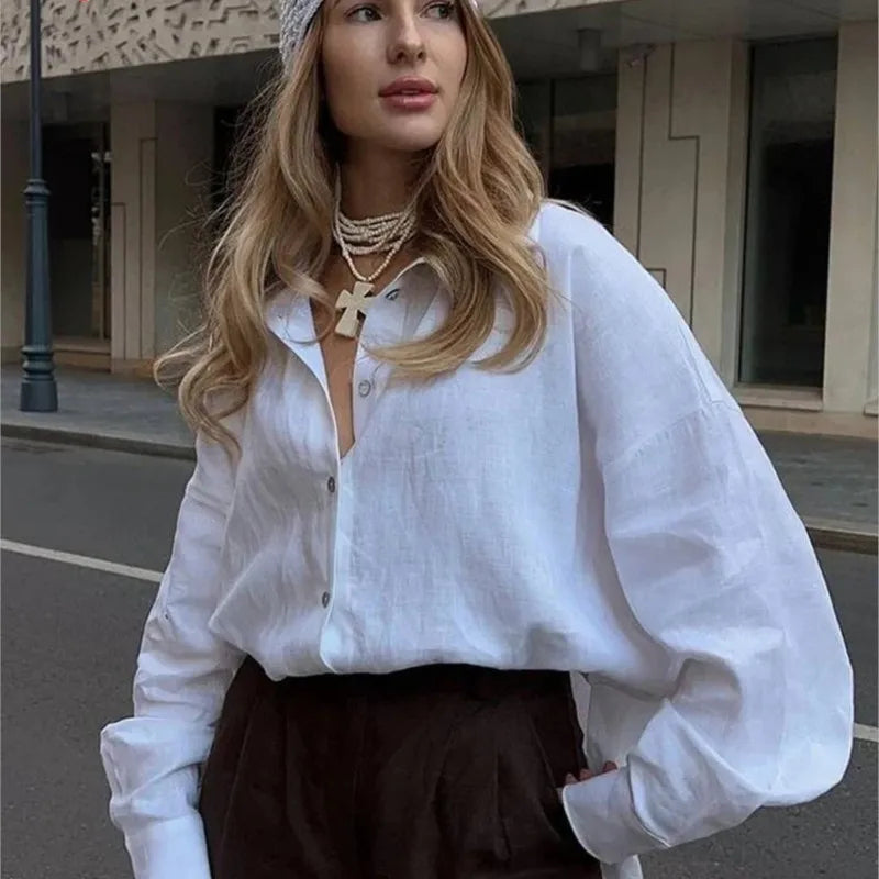 Women's Linen White Shirt Long Sleeve Elegant Pink Loose Fashion Blouse Summer Vintage Basic Top Collar Shirt for Women