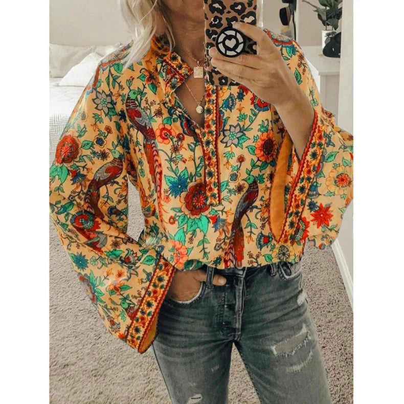 Bohemia Flower Printed Women's Blouse Flare Sleeve O-neck Casual Blouse Female New Autumn Fashion Ethnic Retro Ladies Shirt Tops