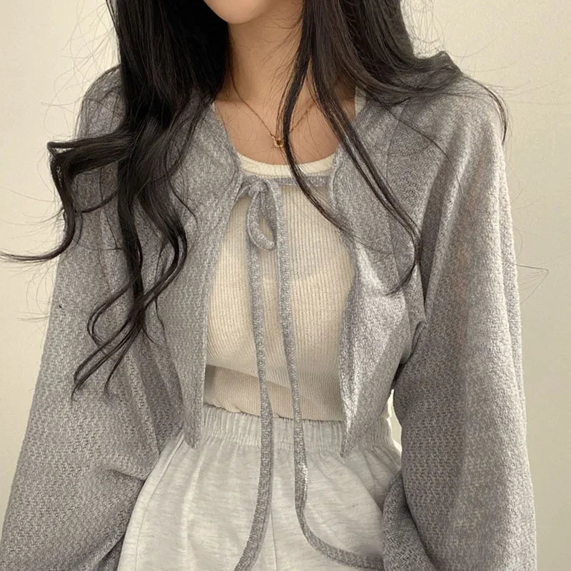White Knitted Cardigan for Women Summer Thin Sunscreen Lace-Up Knitwear Tops Female Fashion Korean Lantern Sleeve Short Coat