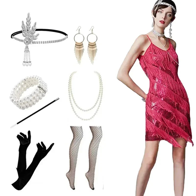 Party Gatsby Dress Evening Ball Gown Bodycon Trend Camisole Tassel Sheath Dress Women Sexy Sequins 1920 Vintage V-neck Dress