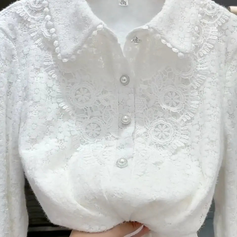 White All-match Fashion Jacquard Open Stitch Shirt Long Sleeve Polo-Neck Office Lady Chic Sexy Spring Autumn Loose Casual Blouse