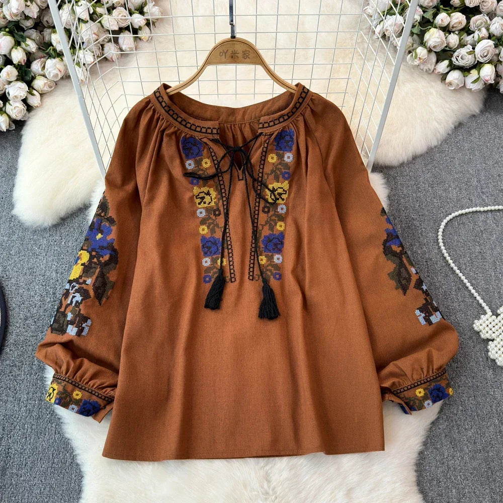 2025 Spring Retro Embroidered Shirt Top Female Lace Up Tassel Loose Lantern Sleeves Ethnic Style Blouse Female A70
