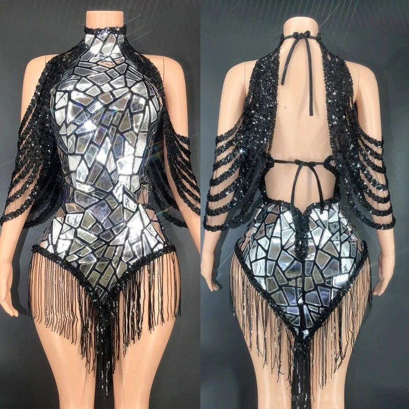 Black Night Out Stage Wear Drag Queen Outfit Sparkly Shinning Sequins Bodysuit Women Dancer Gogo DJ Nightclub Party Tassel