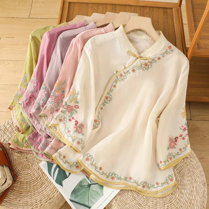 Chinese Style Women's Shirt Summer Embroidery Vintage Blouses Loose Short Sleeve Women Tops Cotton Linen Clothing 2024 Korean