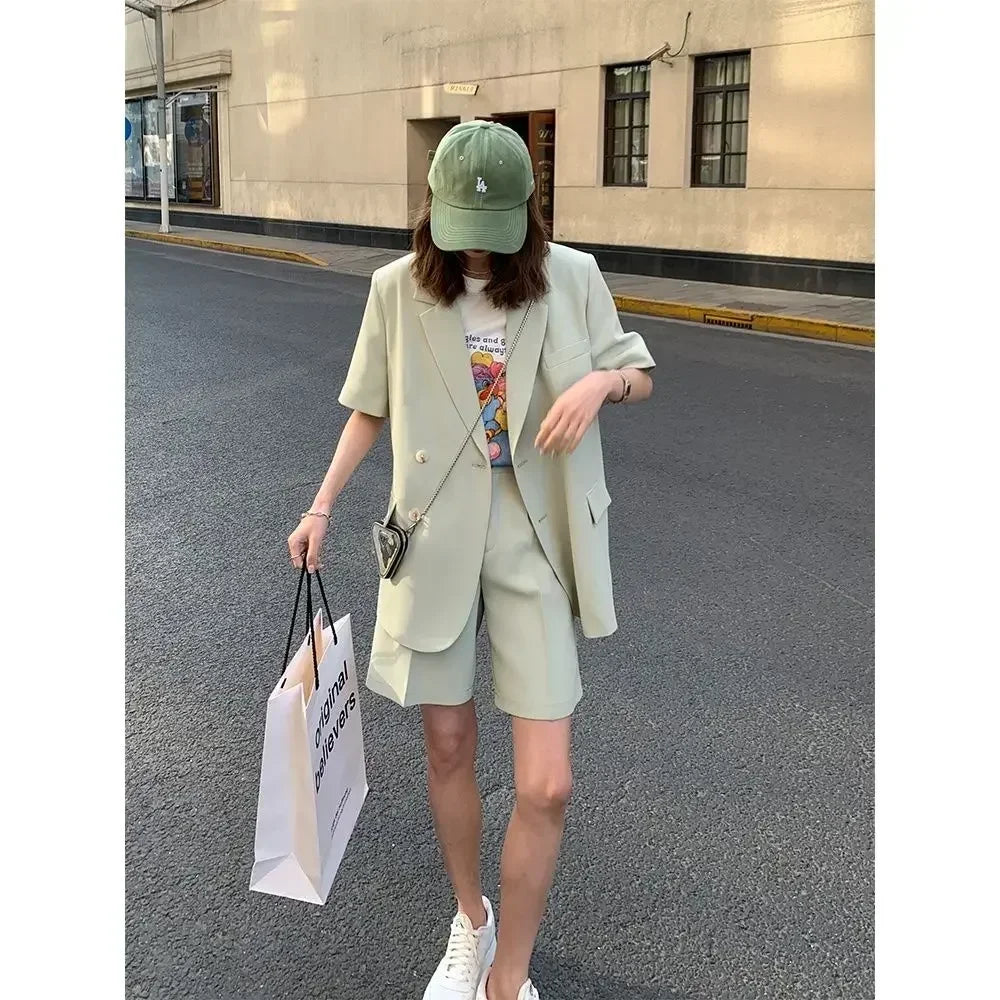 Korean Loose 2 Piece Women Short Set with Blazer Summer 2025 Thin Short-sleeved Blazers + Shorts Casual Office Ladies Suits