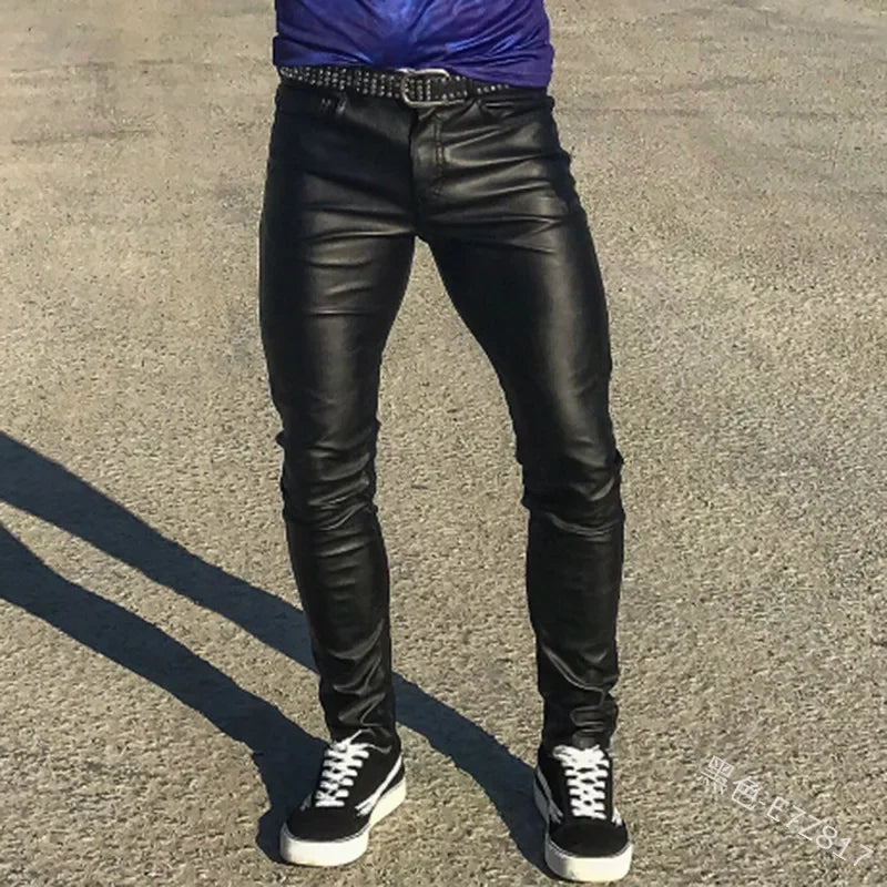 Punk Casual Pu Leather Pants Solid Color Men'S Clothing Tight Elastic Low Waist Boy Pant s Trousers Leather Pants Men's locomoti