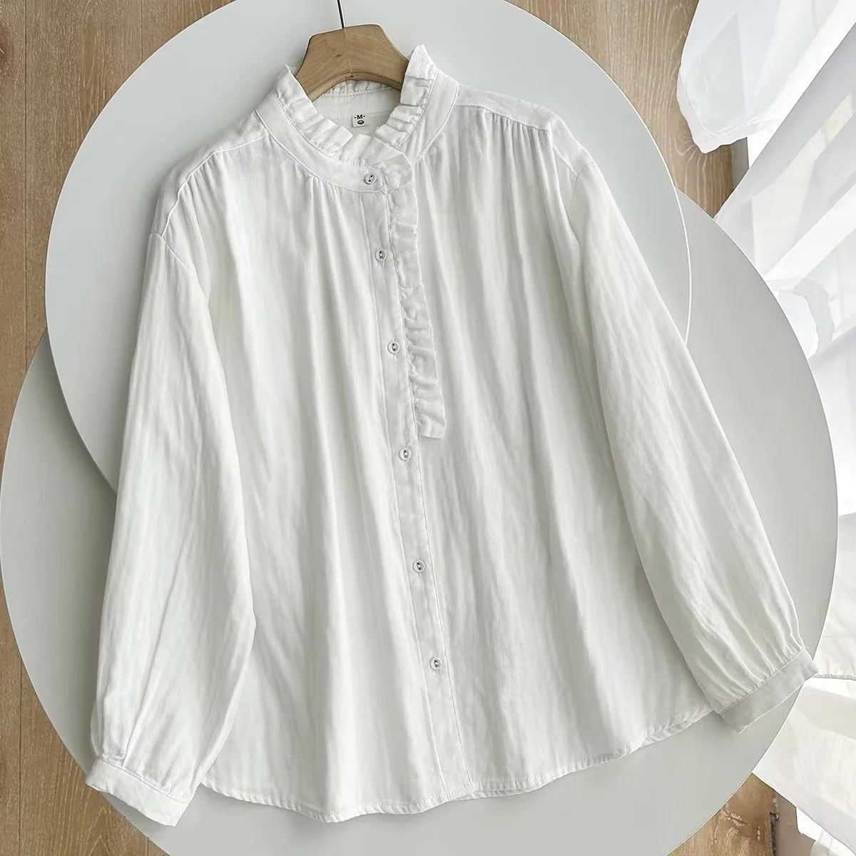 100% Cotton yarn blouses for women 2025 Japan style stand collar breathable sprint tops stringy selvedge solid base shirts