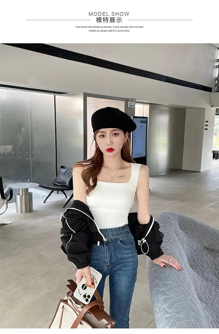 For 40-75kg Ice Silk Plus Size Tank Tops WIth Chest Pad Square Collar Thread One-Piece Cup Seamless Camisole Top For Women