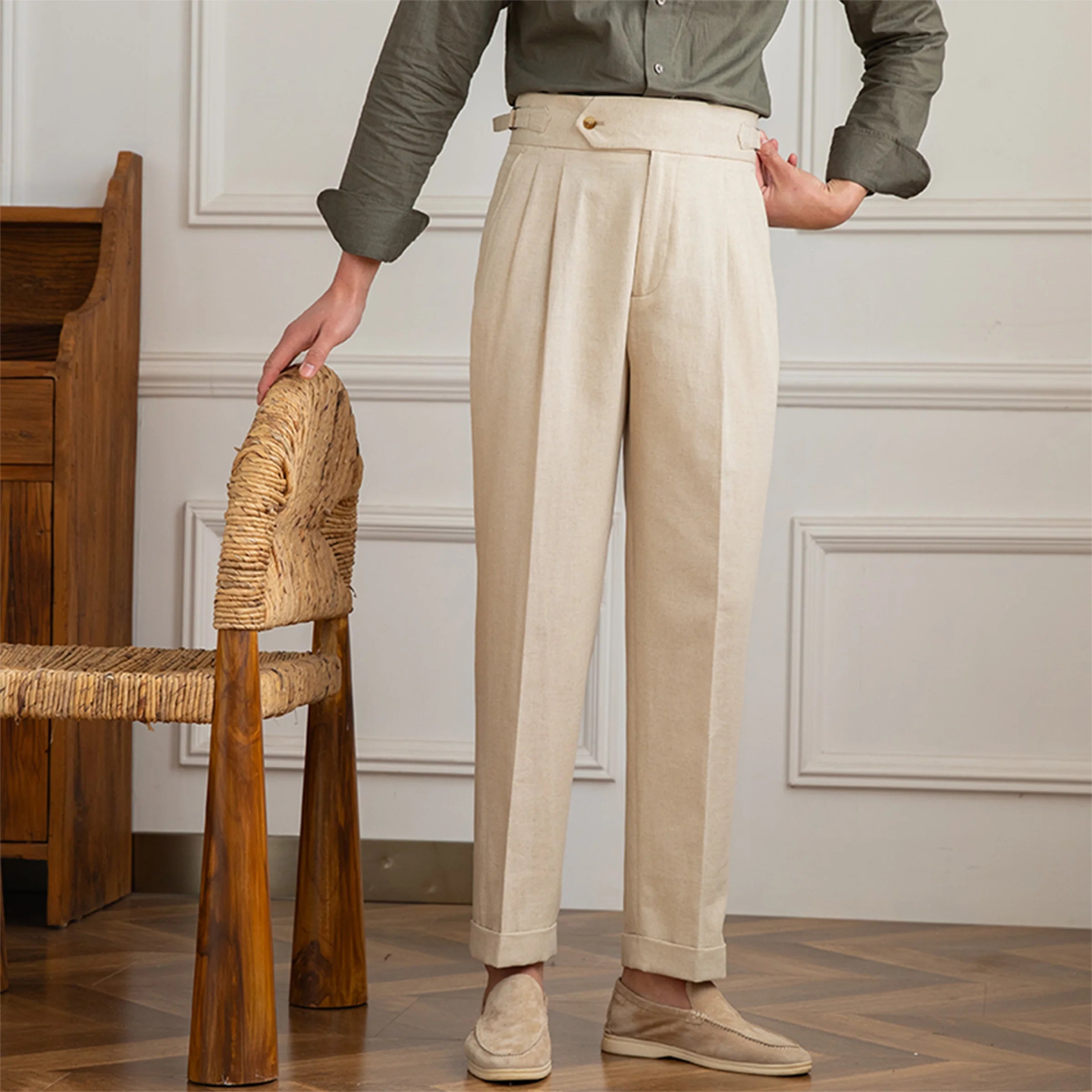 Three Gentleman Summer Naples Casual Straight Pants Men's Commuting Cotton and Linen Comfortable Breathable High Waist Pants