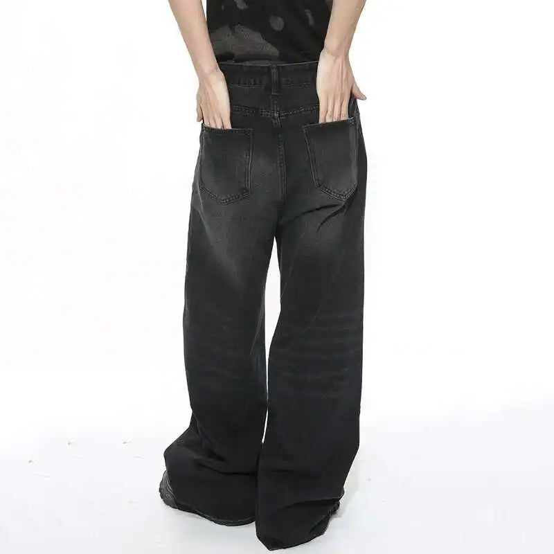 IEFB Worn Out Male Jeans Vintage Gradient Color Men's Wide  Leg Pants High Street Pockets Men Denim Straight Trousers New 9C4510